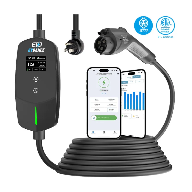 Manufacturer photo of the EVDANCE Flux Level 1 & 2 NEMA 5-15 Plug 12A J1772 Portable EV Charger