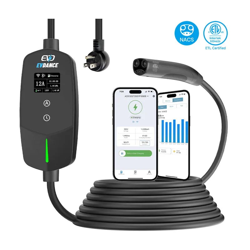 Manufacturer photo of the EVDANCE Flux Level 1 NEMA 5-15 Plug 12A NACS/Tesla Portable EV Charger