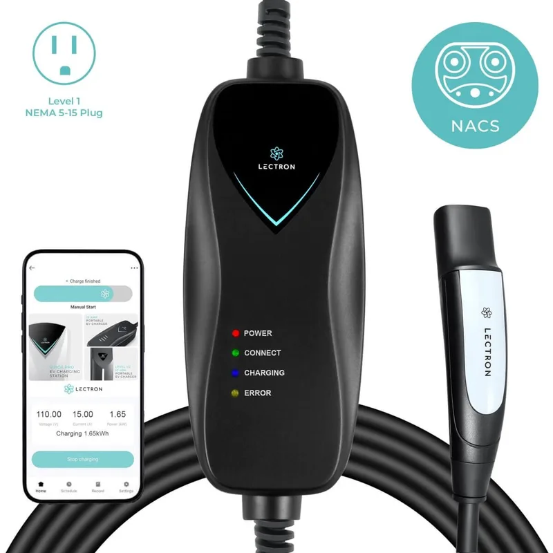 Manufacturer photo of the Lectron Portable Level 1 Tesla EV Charger, 15 A (NEMA 5-15 plug)