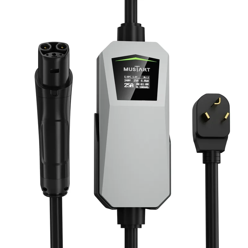 Manufacturer photo of the MUSTART Level 2 Tesla EV Charger, 25 A (NEMA 10-30 plug, 21 ft cord, display)