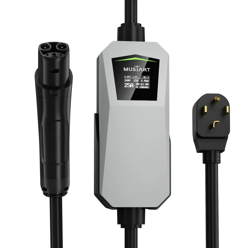 Manufacturer photo of the MUSTART Level 2 Tesla EV Charger, 25 A (NEMA 14-30 plug, 21 ft cord, display)